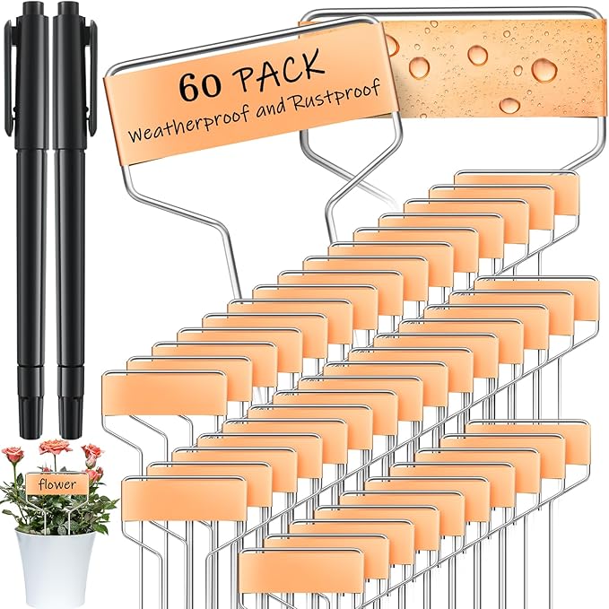 Moxweyeni 60 Pcs Metal Garden Tags Plant Labels for Garden Waterproof Plant Markers with 2 Permanent Pen Planting Nursery Garden Tags Reusable Garden Labels Stake for Plants (Copper Color,6 Inch)