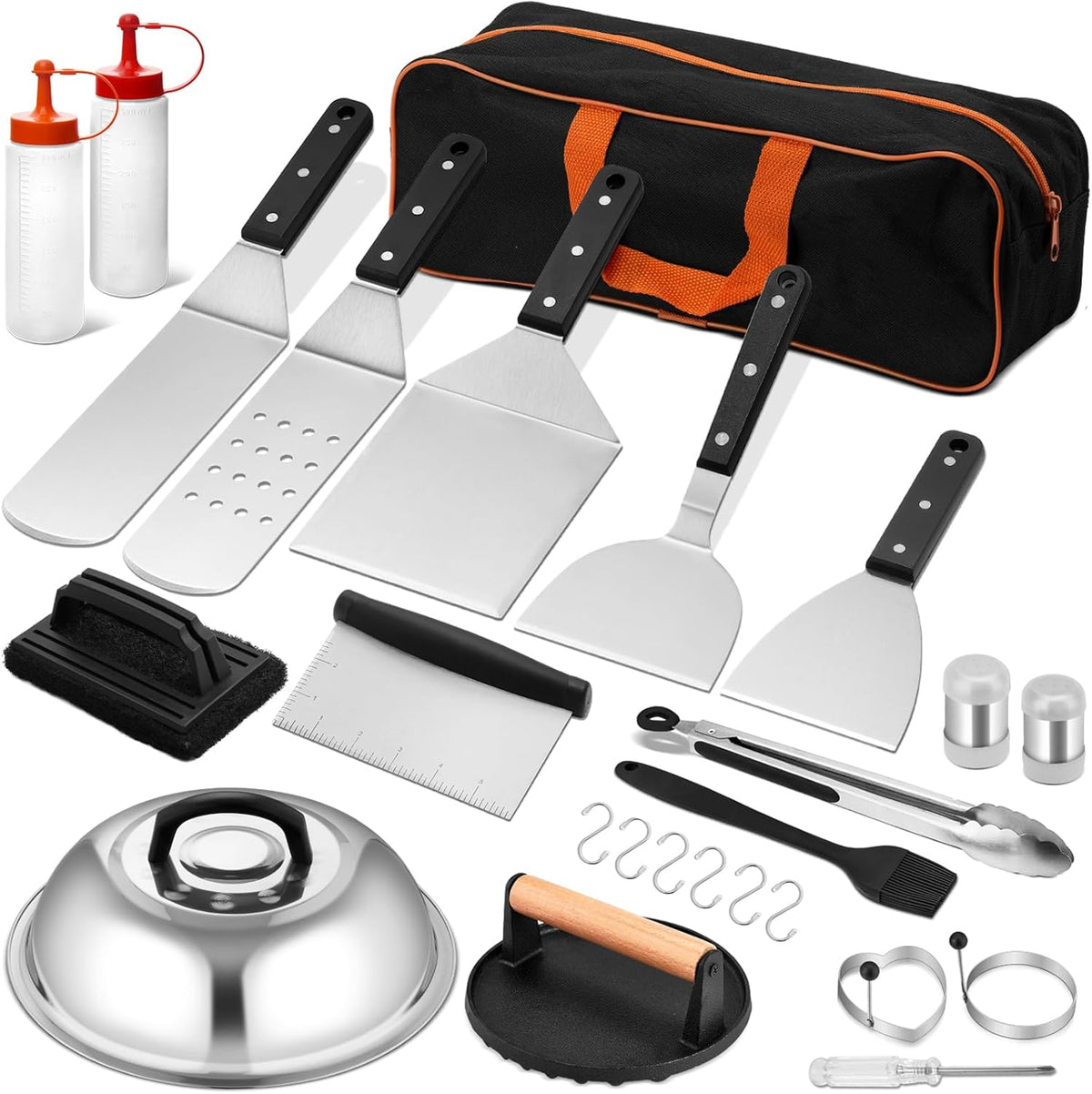 Griddle Accessories Set of 25, Leonyo Grill Accessories for Outdoor, Commercial BBQ Tools Grilling Smash Burger Press Kit with Enlarged Metal Spatulas Scraper for Flat Top Grill, Hibachi, ABS Handle