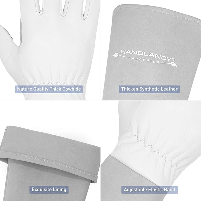 HANDLANDY Long Gardening Gloves for Men & Women, Thorn Proof Rose Pruning Gloves Leather Gauntlets Garden Glove Yard Work Glove (Medium, Grey)