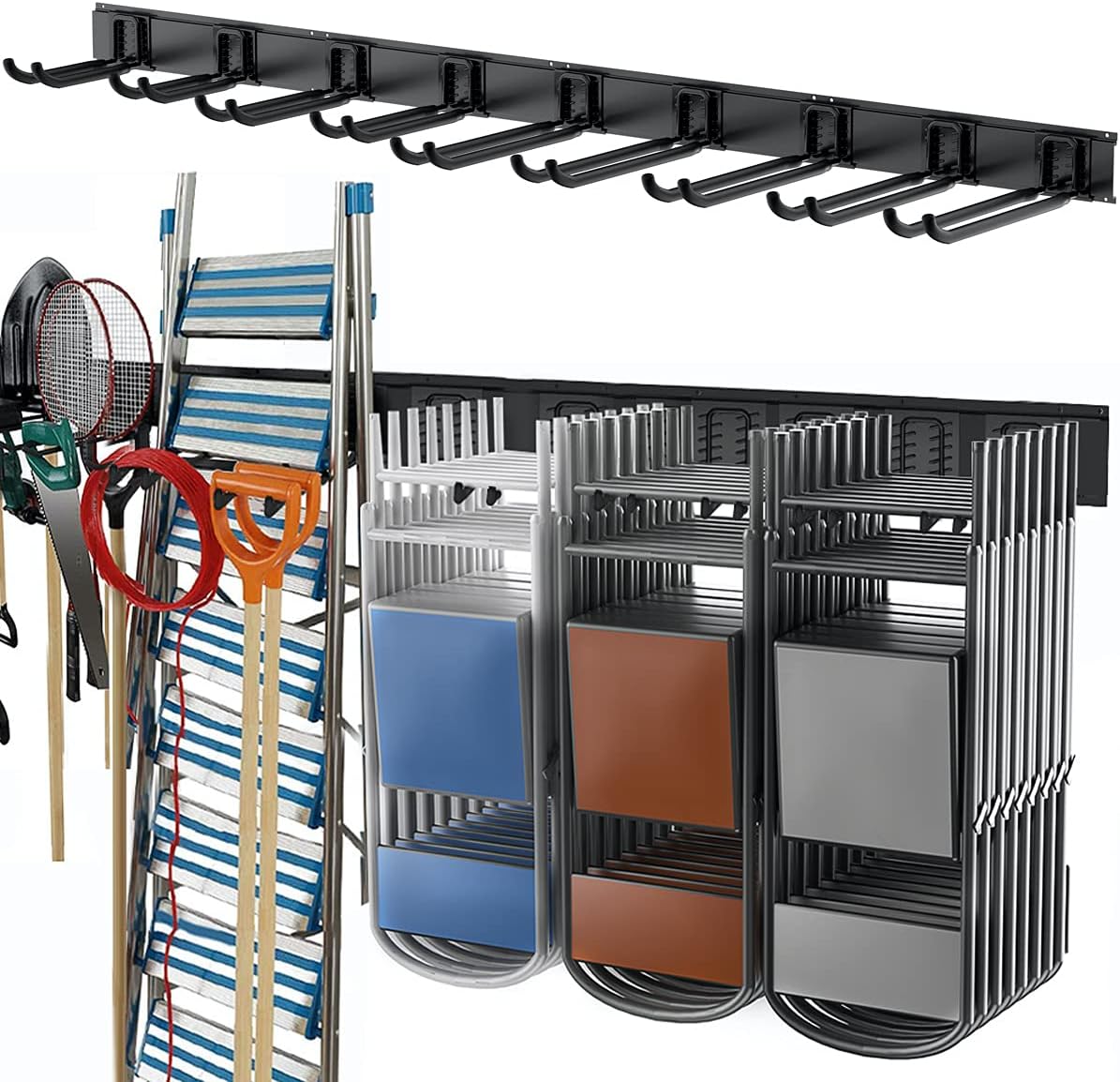 TORACK Tool Storage Rack, Heavy Duty Steel Garage Wall Mount Garden Tool Organizer for Ladders, Chairs, Shovels, Broom, Power tools (8-Pack 5.7"-11" Mixed Hooks, up to 800 lbs)