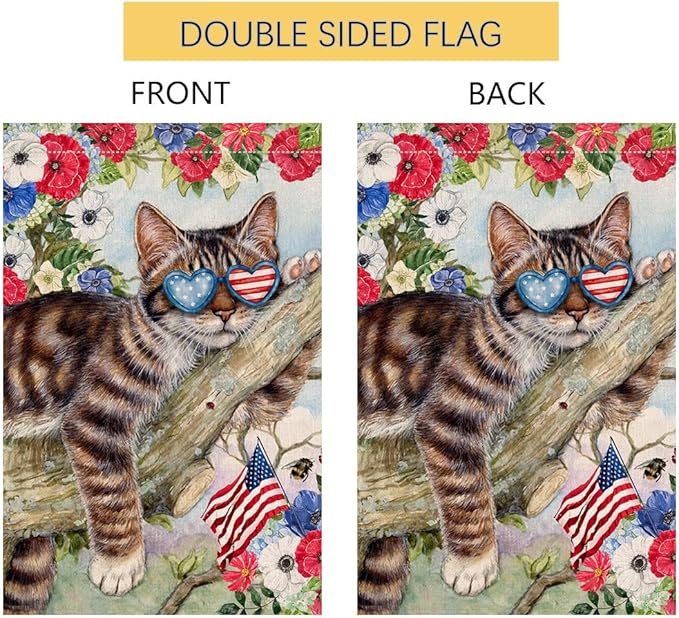 BLKWHT 4th of July Cat Garden Flag 12x18 Vertical Double Sided Red Blue Floral Memorial Day Independence Day Holiday Outside Decorations Burlap Yard Flag BW823