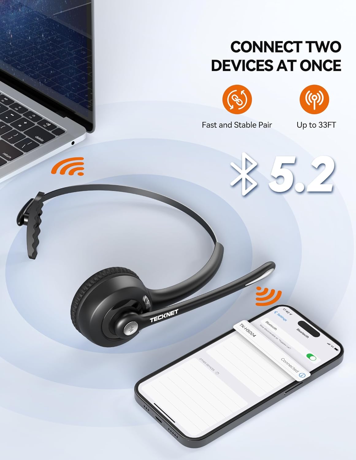 TECKNET Bluetooth Headphones Over Ear, 65 Hours Playtime and 3 EQ Modes Wireless Headphones with Microphone, Memory Foam Ear Cups, Hi-Res Audio, Deep Bassfor Home Travel Office Laptop PC Cellphone
