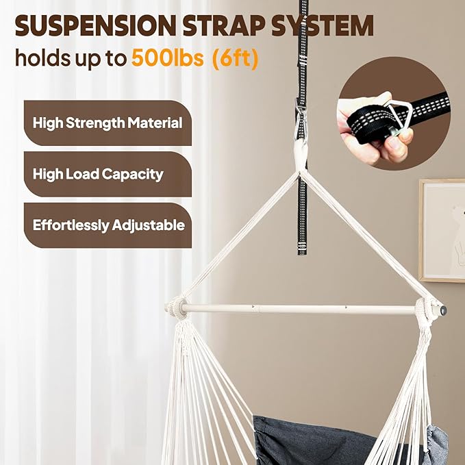 Chihee Hammock Chair Hanging Chair with Foot Rest 2 Cushions Max 500lbs Robust Metal Spreader Bar Collapsible Easy Storage Soft Cotton Swing Chair Strong Strap Iron Carabiner Side Pocket Included