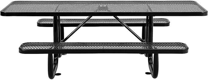 Global Industrial 8'L Rectangular Picnic Table, ADA Compliant, Expanded Metal, Black Thermoplastic Coating, Attached Benches, 1-1/2” Umbrella Pole Hole, Outdoor-Rated