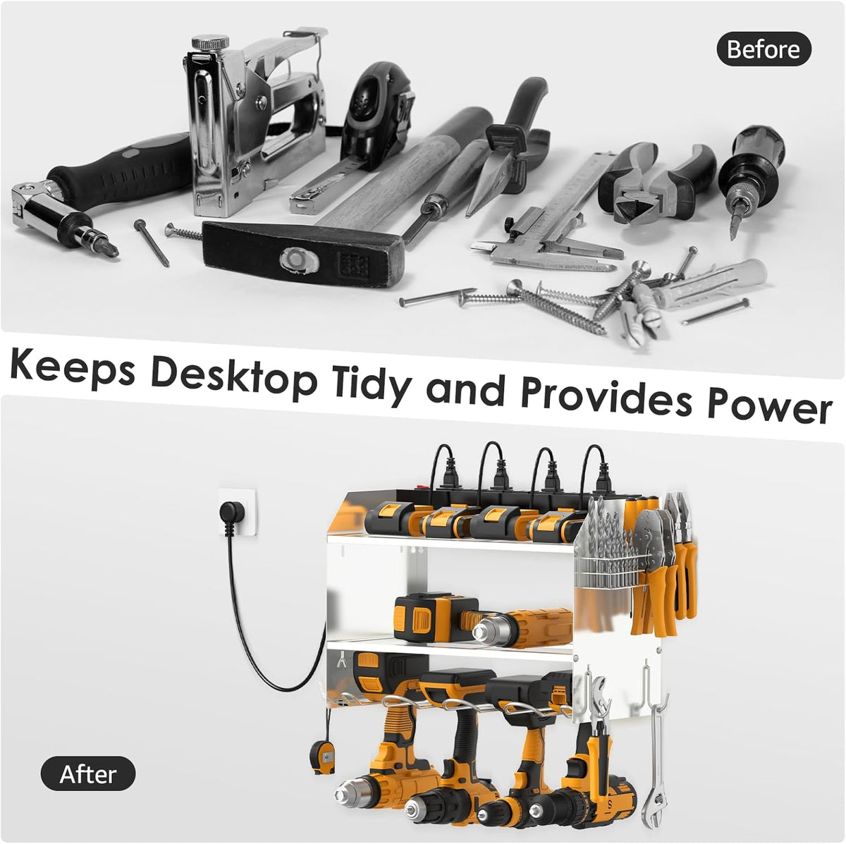 CCCEI Modular Power Tool Organizer Wall Mount with Charging Station. Garage 4 Drill Storage Shelf with Hooks, Drill Bit Heavy Duty Rack, Silver Tool Battery Holder Built in 8 Outlet Power Strip.
