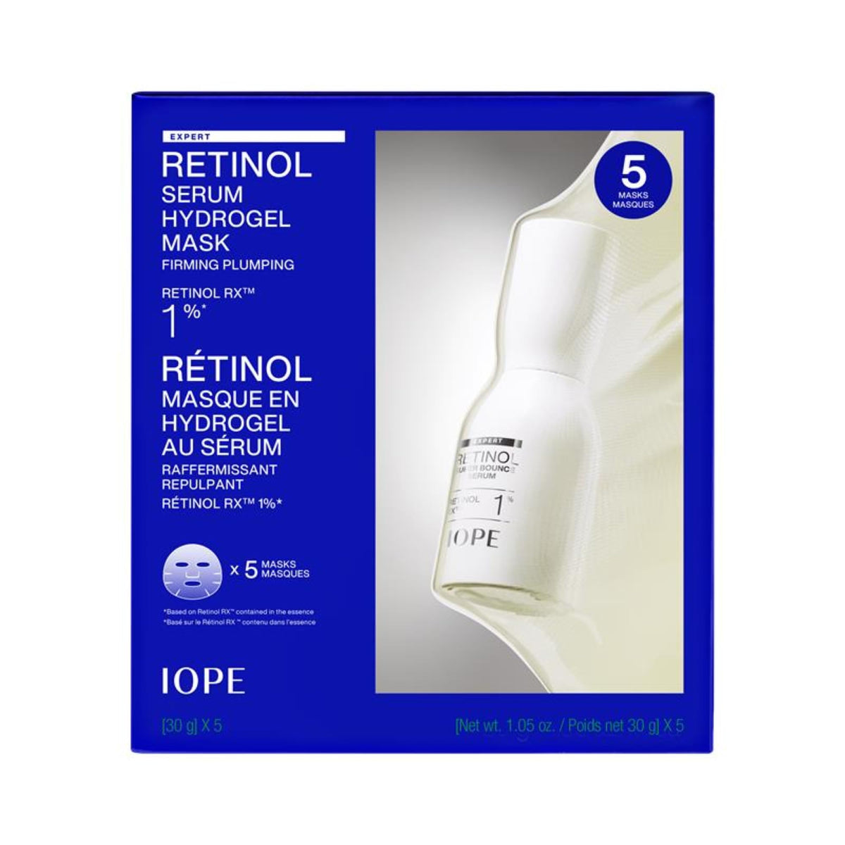 IOPE Retinol Serum in Deep Collagen Gel Mask 5 Set | Double-Layered Hydrogel Sheet for High Adhesion, A Full Bottle of Retinol RX 1% Serum, Intense Firming & Plumping, Anti-Aging, Korean Skincare