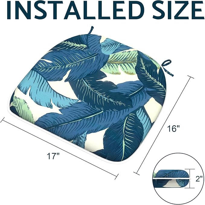 Indoor/Outdoor Chair Cushions 16x17 Inch, Patio Chair Cushions with Ties, All Weather Seat Cushions for Patio Furniture Home Garden Chair Use, Set of 2, Swaying Palms Blue