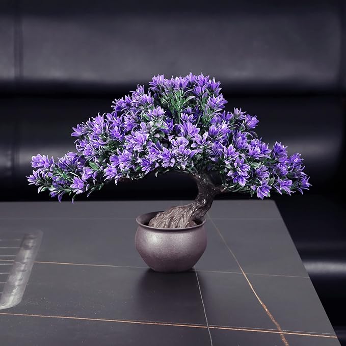 Fake Plants Plastic Artificial Bonsai Tree, Purple Room Decor Bonsai Tree for Home Bedroom Farmhouse Office Desk Decor, Tall 9.5"