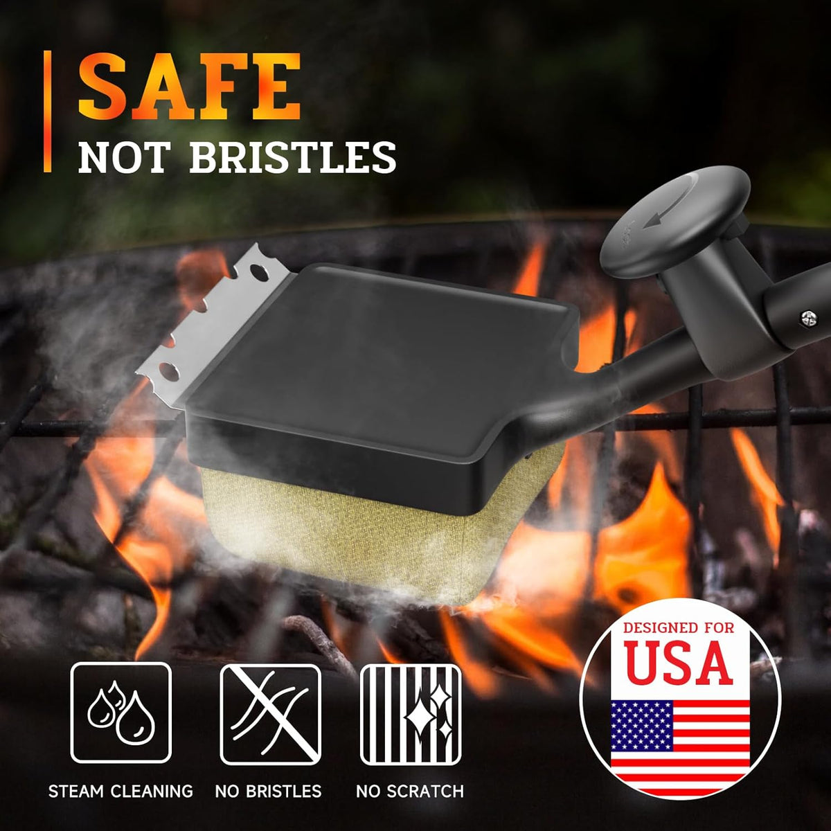 Bristle-Free Pro Grill Brush | Steam Clean Cast Iron & Stainless Grates in 180 Sec | Heavy-Duty Outdoor BBQ Tool for Men - Instant Clean, Black