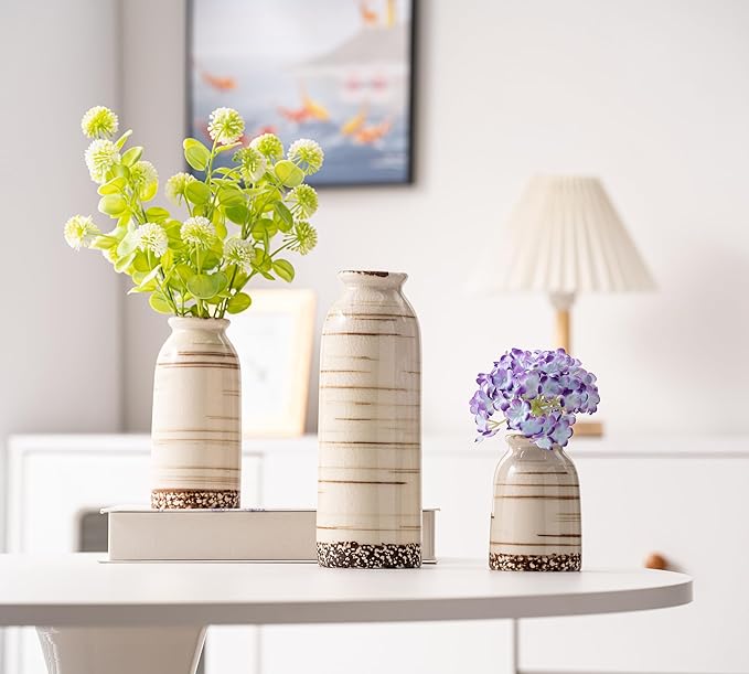 Beige Ceramic Vase Set of 3, Farmhouse Decorative Vase for Pampas Grass, Living Room, Bathroom, Bookshelf, Centerpieces Beige