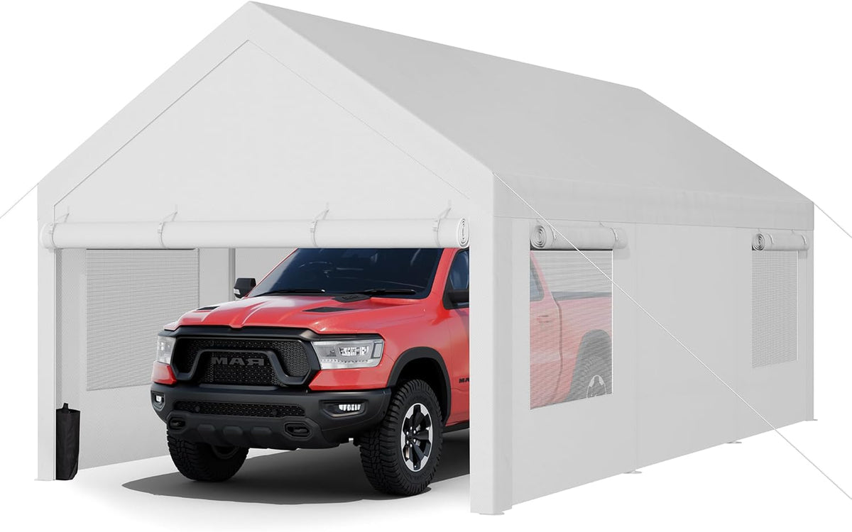 JY QAQA Carport, 12x20 FT Heavy Duty Carport with Removable Side Walls and Doors, Portable Garage with Roll-Up Window and Sandbags, Car Canopy with All-Season Tarp for Cars, Trucks, Boats, White