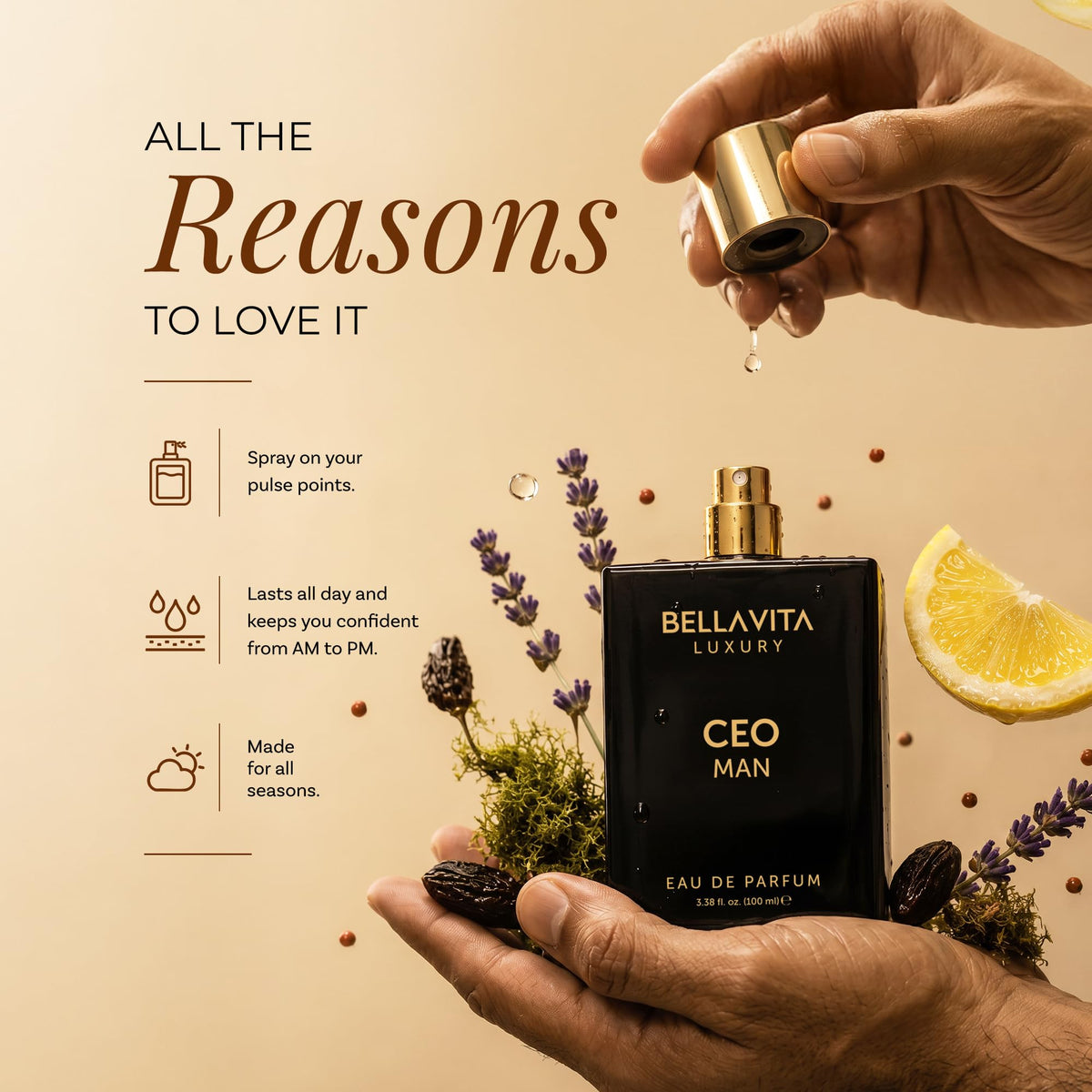 BellaVita Luxury CEO Man Perfume for Men (3.38 fl.oz) | Long-Lasting Men's Perfume with Lemon, Lavender, Tonka Vetiver & Moss Fragrance for Man | CEO Parfum for Men | Valentine's Day Gift for him