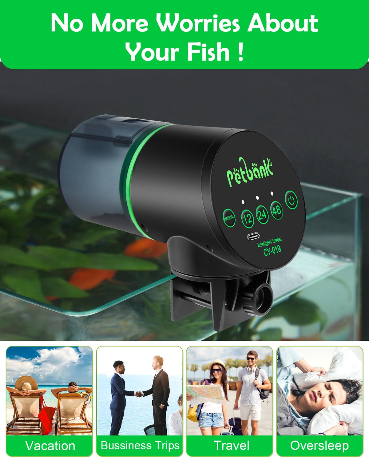 Petbank Automatic Fish Feeder for Aquarium Easy Setup & 12/24/48H Interval