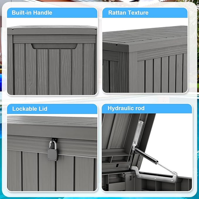 180 Gallon Deck Box,Resin Outdoor Storage Box with Lockable for Patio Furniture, Pool Accessories, Garden Tools Waterproof Outside Storage Box, Grey