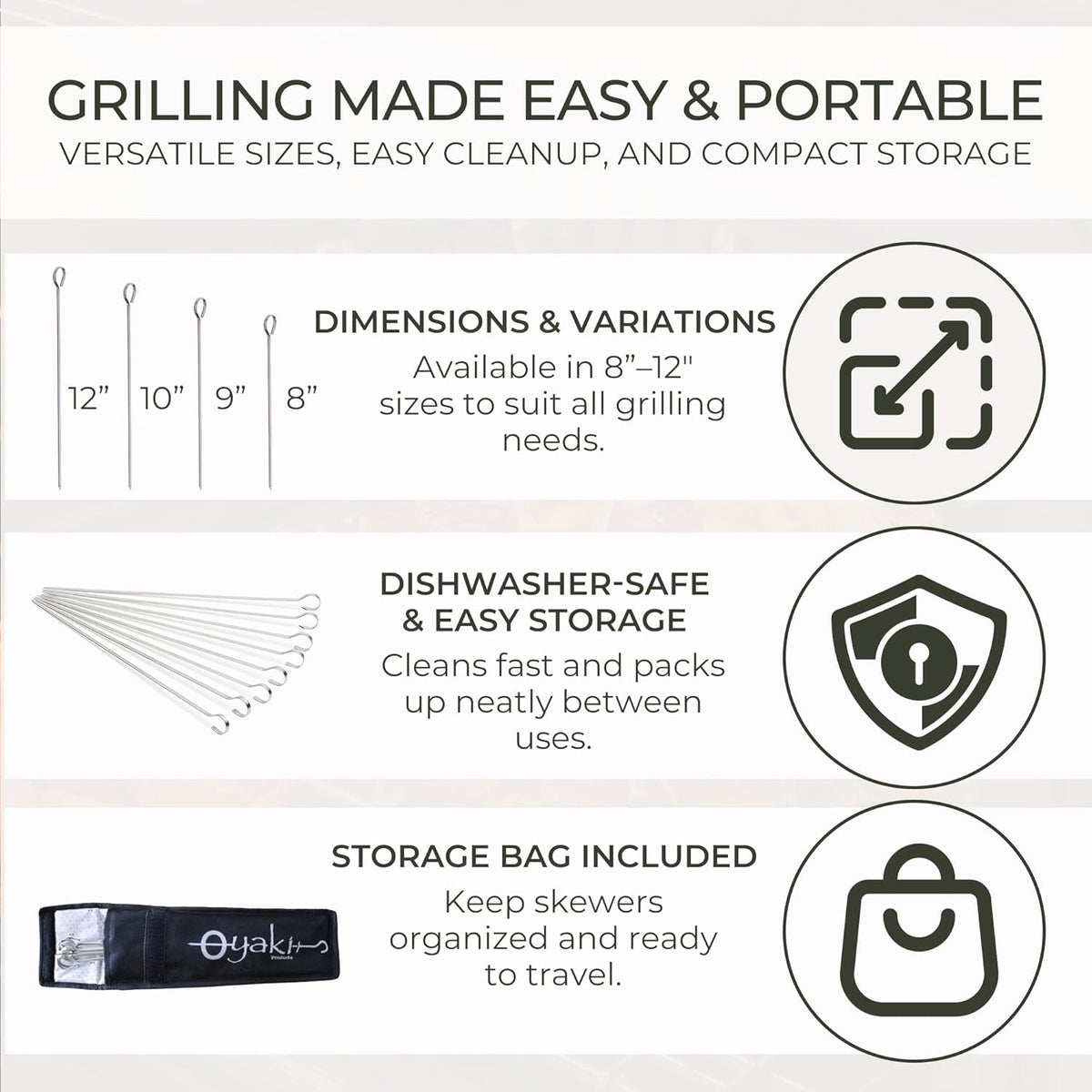 O-Yaki Flat Metal Kabob Skewer for Grilling – Set of 8 BBQ Skewers Stainless Steel with Storage Bag, Dishwasher Safe Skewers with Hook Handle & Sharp Tip for BBQ, Cookouts & Oven Use – 12 Inch