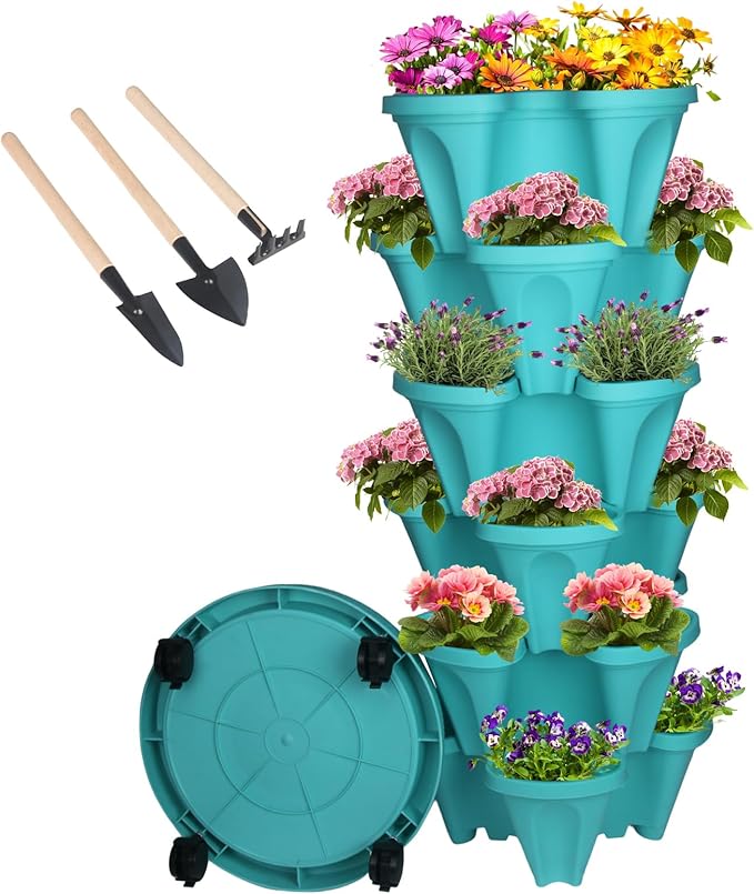 Vertical Planter 6 Tier Stackable Planters Garden Planters Strawberry Herb Flower and Vegetable Planter Indoor Outdoor Gardening Pots with Removable Wheels and Tools