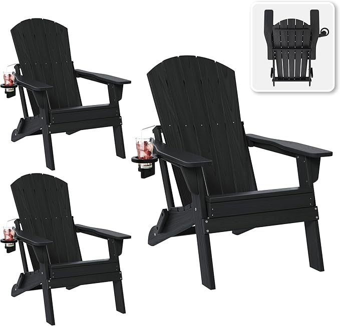 Folding Adirondack Chair Set of 3 with Cup Holder, HDPE All Weather Resistant Plastic Outdoor Patio Chairs, Heavy Duty Fire Pit Seating for Backyard Lawn Garden, Wooden Textured Design(Black)