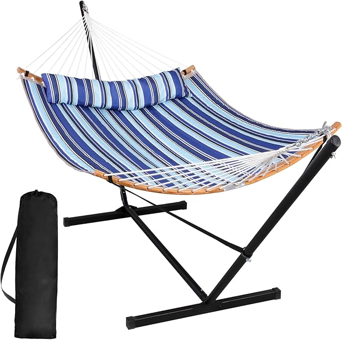 SUNCREAT Double Hammock with Stand Included, Portable Hammock with Stand and Large Pillow, Blue Stripes