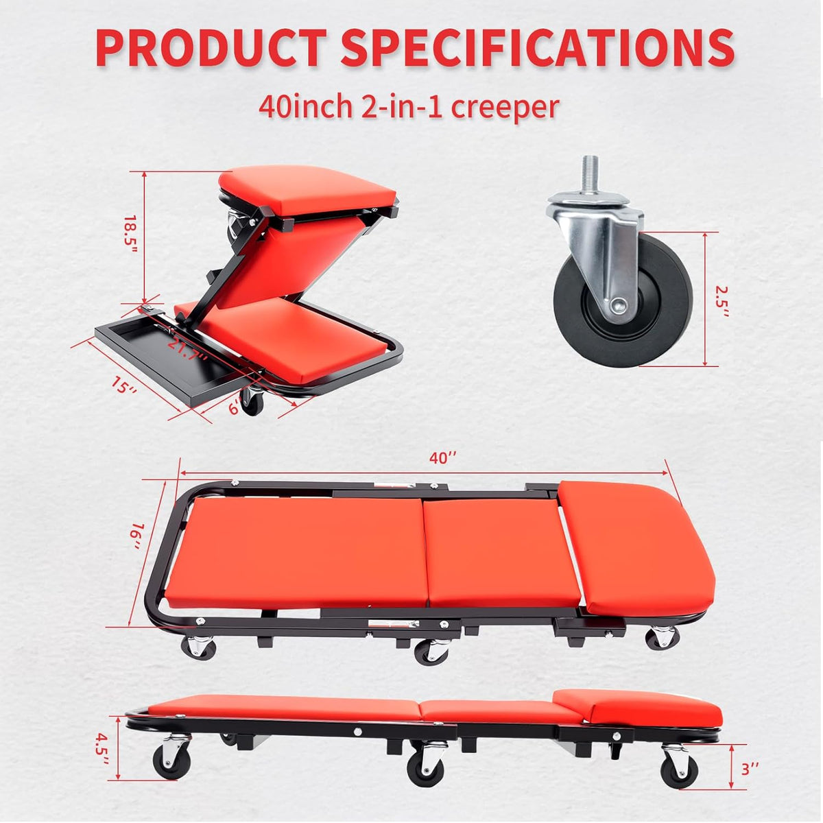 Mechanic Creeper 40 inches 2-in-1 Mode Z Seat with Tool Tray, 480lbs Capacity, Foldable Garage Adjustable Rolling with 6pcs Roller, Lay Down Sit Lean Back, Under Car Auto Repair Men Gift, Red