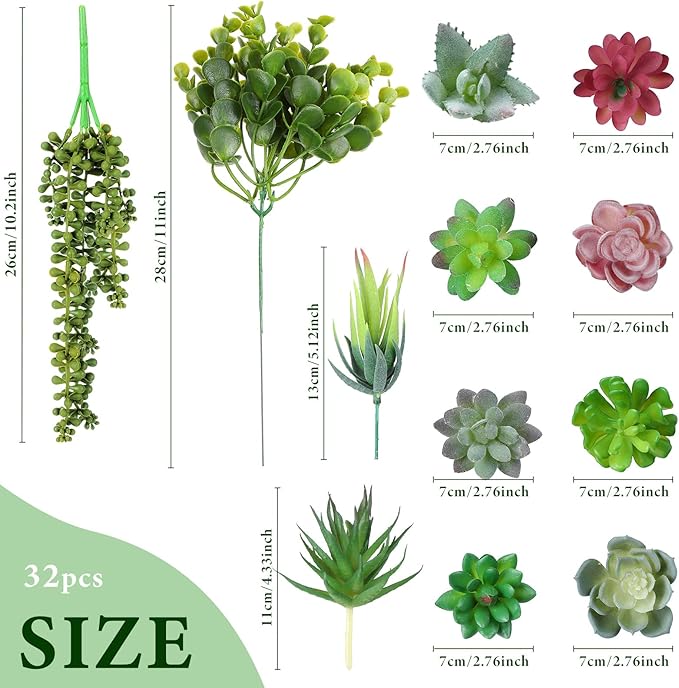 Therwen 32 Pcs Summer Artificial Succulents Plants Fake Realistic Faux Succulents Fake Plant Artificial Plant Home Decor for Outdoor Indoor Garden Office Summer Decorations