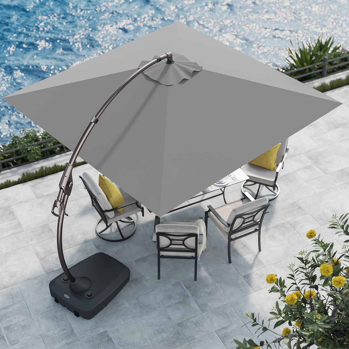 Grand patio Sunbrella 10x10 FT Cantilever Umbrella with Base Included Patio Square Aluminum Offset Umbrellas for Outdoor Pool (Charcoal, 10X10 FT-SUNBRELLA)