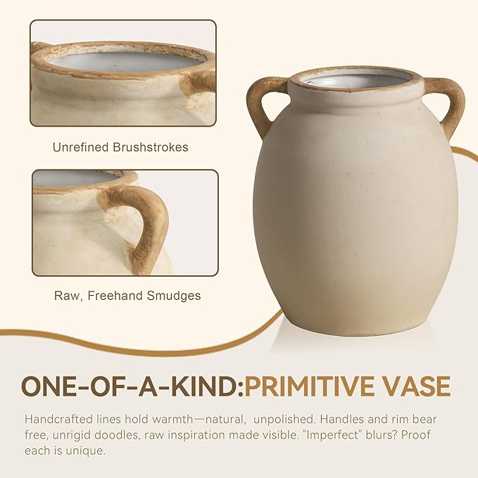 Ceramic Flower Vase 7.6 inch Farmhouse Rustic Vase Decorative Pottery Terracotta Vases for Home Decor Table Mantle Fireplace Living Room Bathroom Wedding Centerpiece