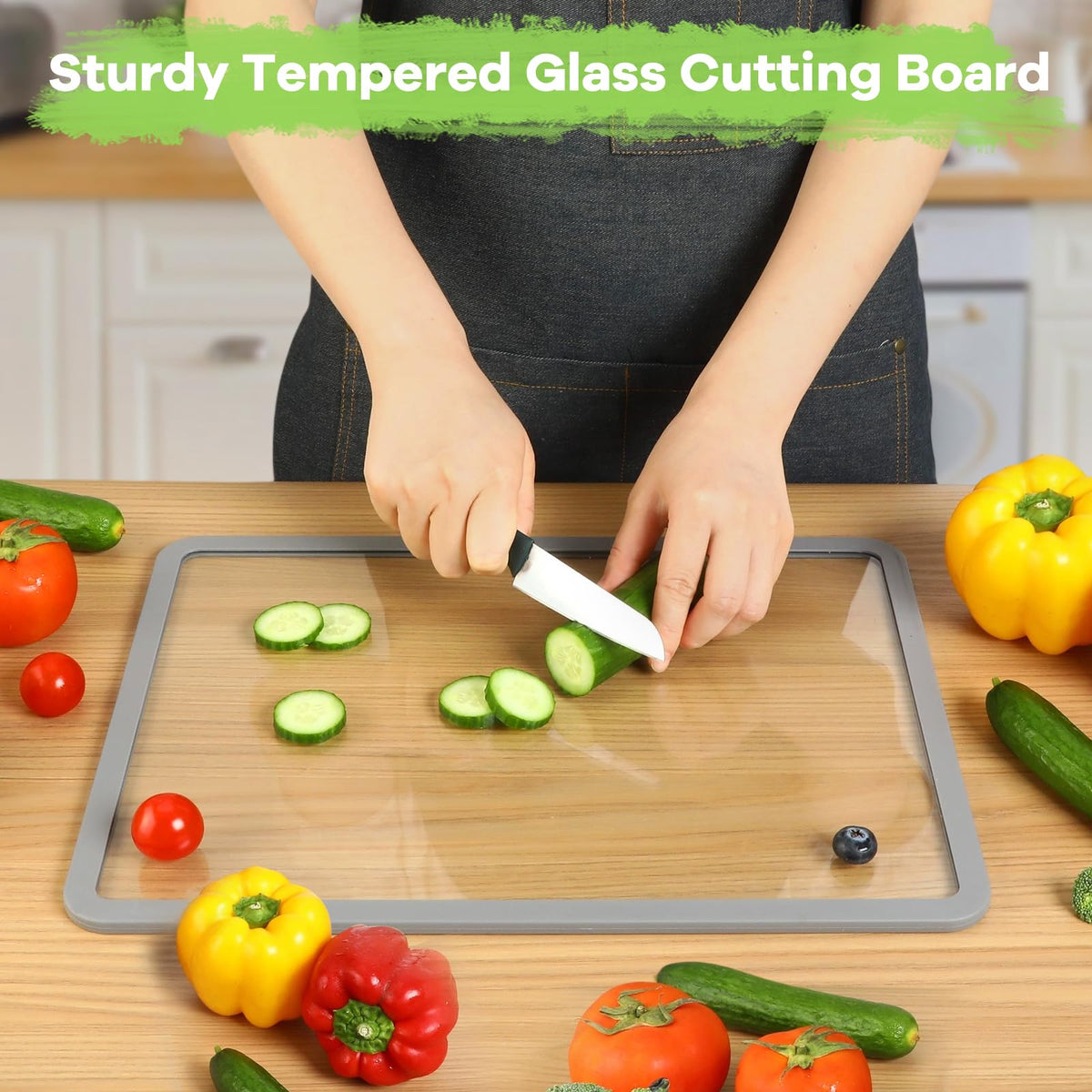 IDekooror Glass Cutting Board (8"x12" & 16"x12"), 2Pcs Tempered Glass Cutting Board for Kitchen Counter with Non-Slip Silicone Edges, Heat Resistant, Dishwasher Safe, Kitchen Decoration