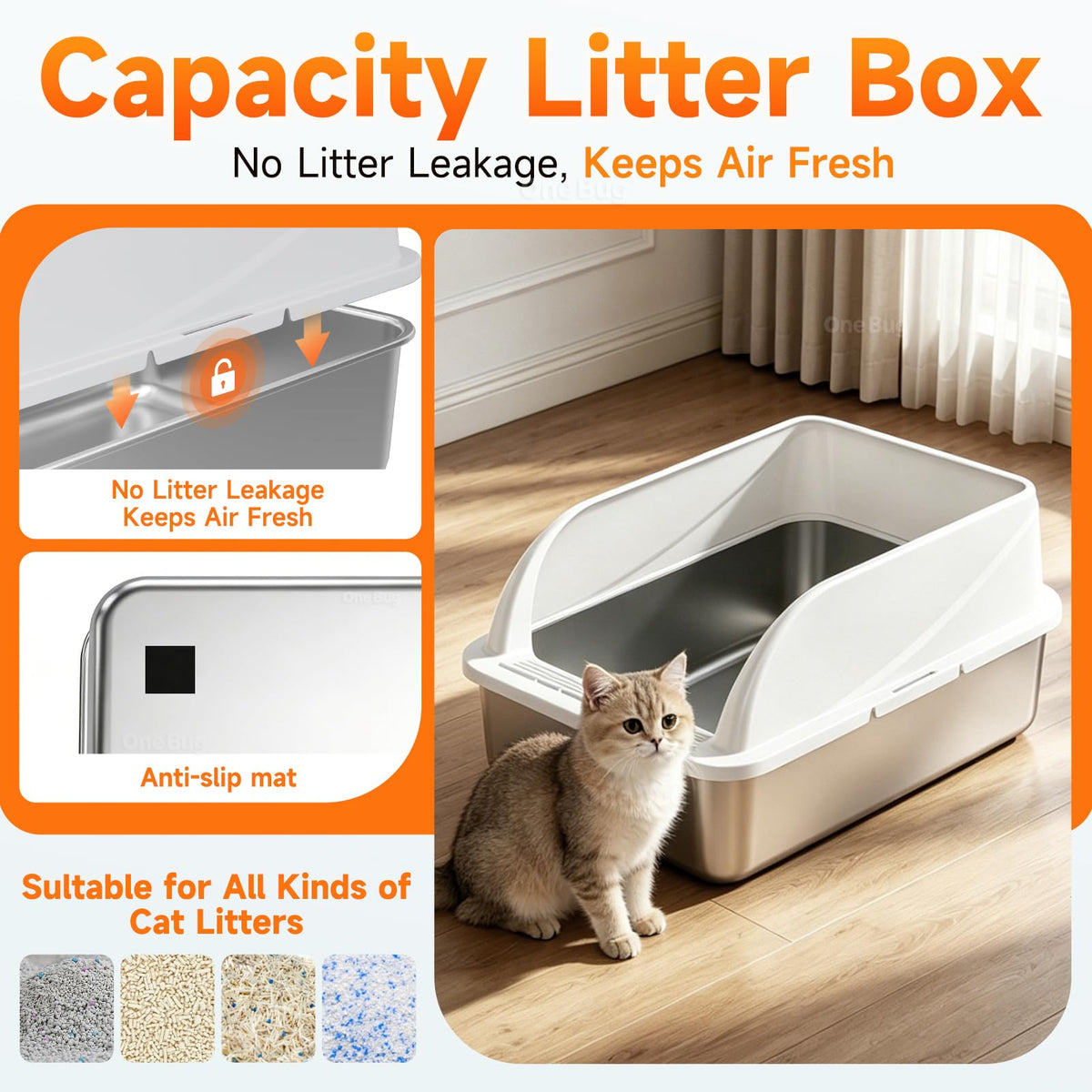 Stainless Steel High-Sided Cat Litter Box with Scoop - Medium,Gray