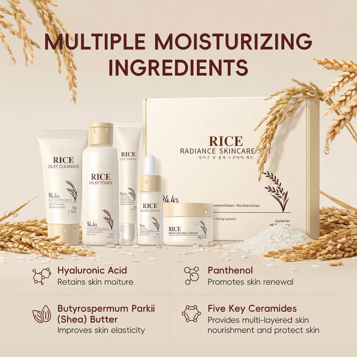 Korean Skin Care Set with Rice, 5-Step Facial Kit for Women