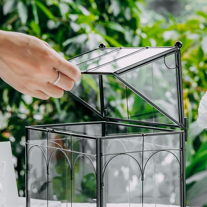 NCYP Glass Terrarium with Lid for Cacti, Succulents, Small Plants - 7.5 x 4.9 x 9 inches Closed Geometric Planter Box - Home Indoor Tabletop House Shape Decorative, Black (Terrarium Only)