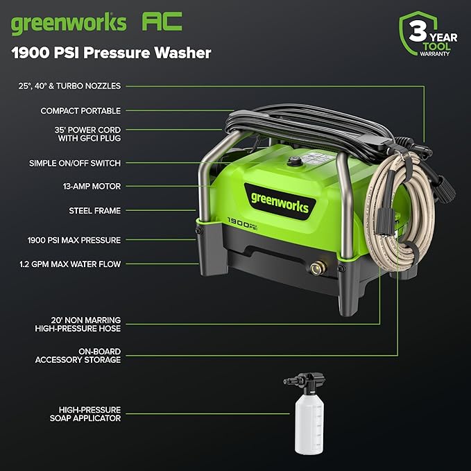 Greenworks 1900 PSI (SGS Certified) 1.2 GPM 13Amp Portable Compact Electric Pressure Washer, Power Washer for Cars, Driveways, Patios, Patio Furniture & Around Pools