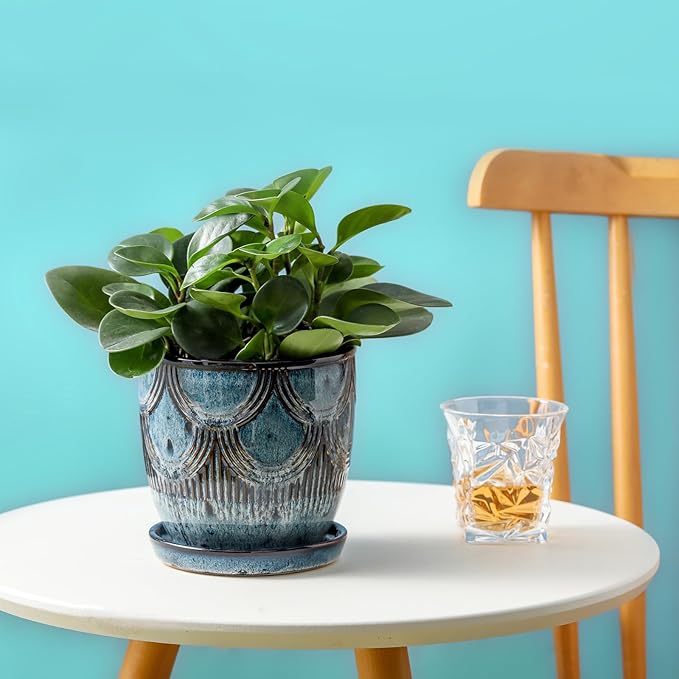 Ceramic Planter Pot, 5in, Reactive Glaze Blue, Indoor Outdoor Usage, with Drainage Hole and Saucer