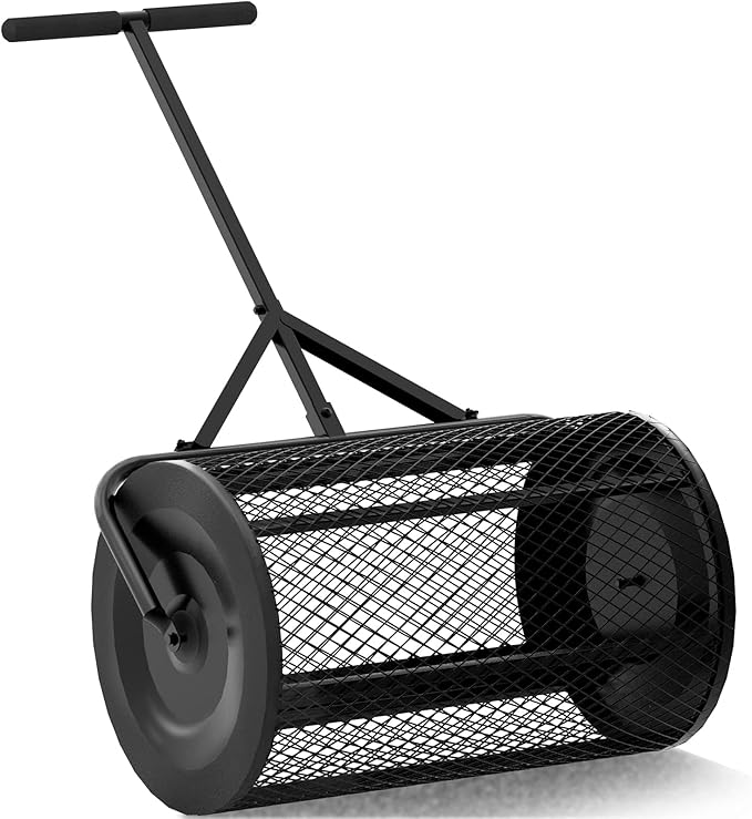 Walensee 24 Inch Compost Spreader Peat Moss Spreader with Upgrade T Shaped Handle for Planting Seeding Durable Lightweight Metal Mesh Spreader for Lawn and Garden Care Manure Spreaders Roller Patented