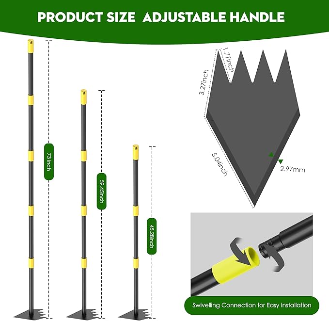 Upgraded Dual Headed Hoe and Cultivator,Garden Hoe with Adjustable Handle for Weeding, Digger, loosening Soil, Sowing Metal Garden Triangles Hoe with Rake Tiller Cultivator (17-73 Inch)