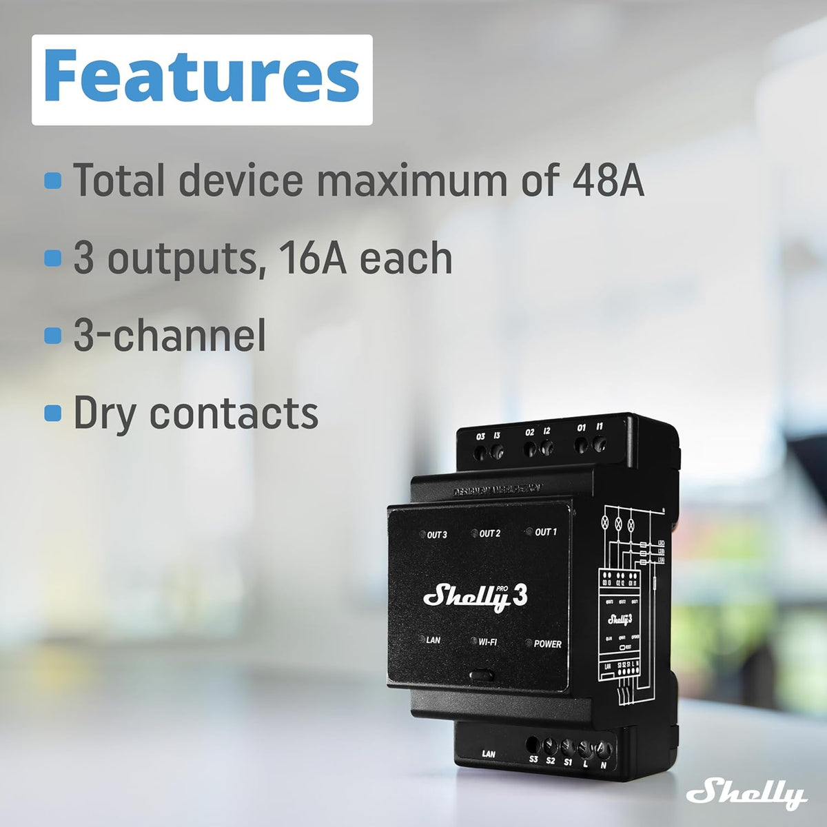 Shelly Pro 3 | Wi-Fi & LAN, 3-Channel Smart Relay | Home & Facility Automation | Compatible with Alexa & Google Home | iOS Android App | Lights Automation | Controller for Motorized Valve
