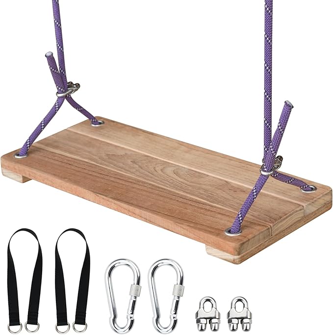 Teak Wood Swing 16.6"x7.5" - Outdoor Wooden Tree Swing Seat for Adults & Kids, Backyard Wood Swings with Height Adjustable Design