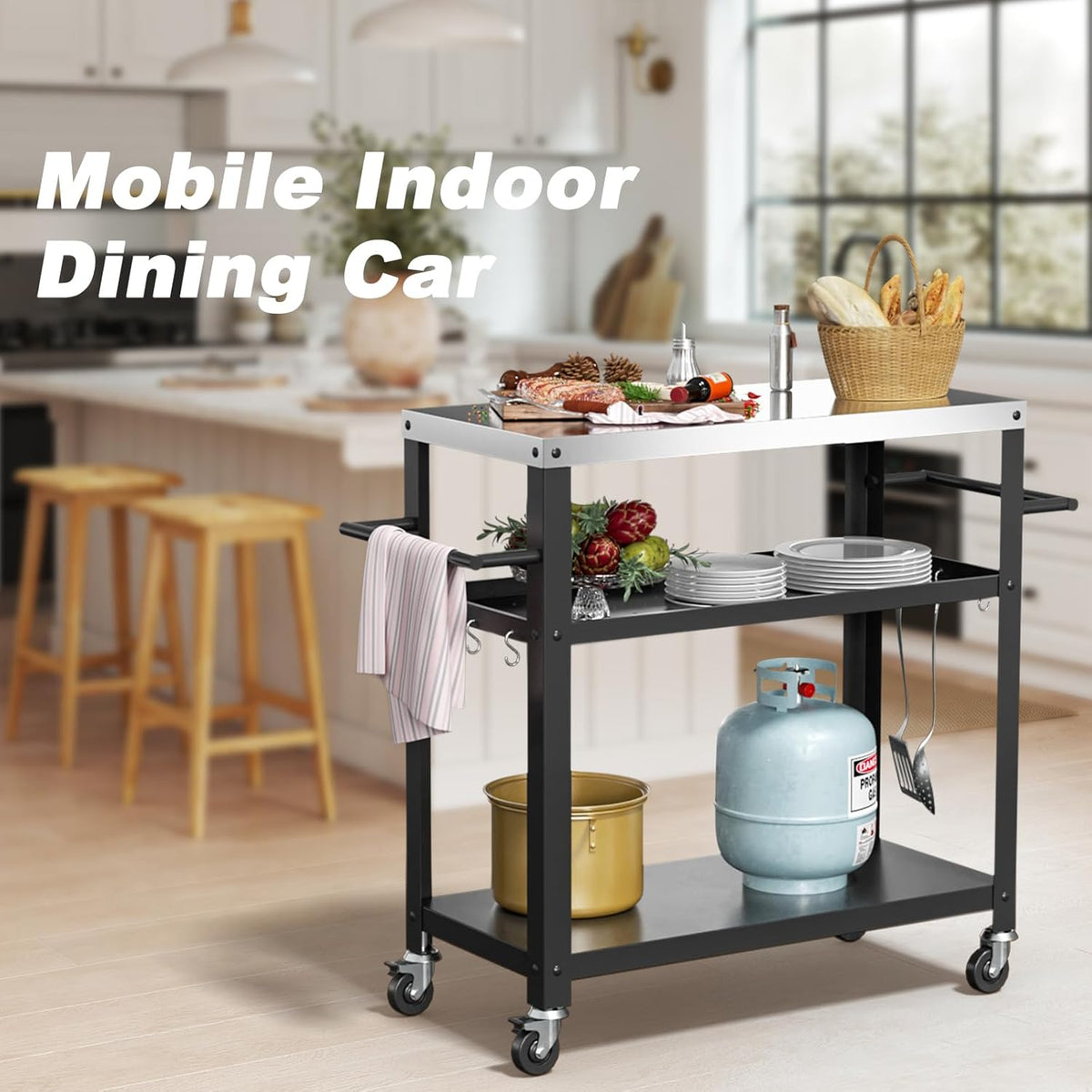 Outdoor Grill Cart with Three-Shelf, Stainless Steel Pizza Oven Table for Outside, Dining Kitchen Cart with Two Side Handle, Garden Patio BBQ Kitchen Food Prep Table Cart (Black)