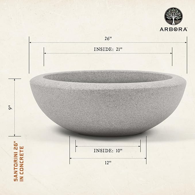 ARBORA 21" and 26” Santorini Bowls with Stone Blend Concrete Gray Finish - Polyresin Indoor and Outdoor Planters, Durable, Weatherproof, Lightweight, Large Plant Pots for Patio, Garden, Deck
