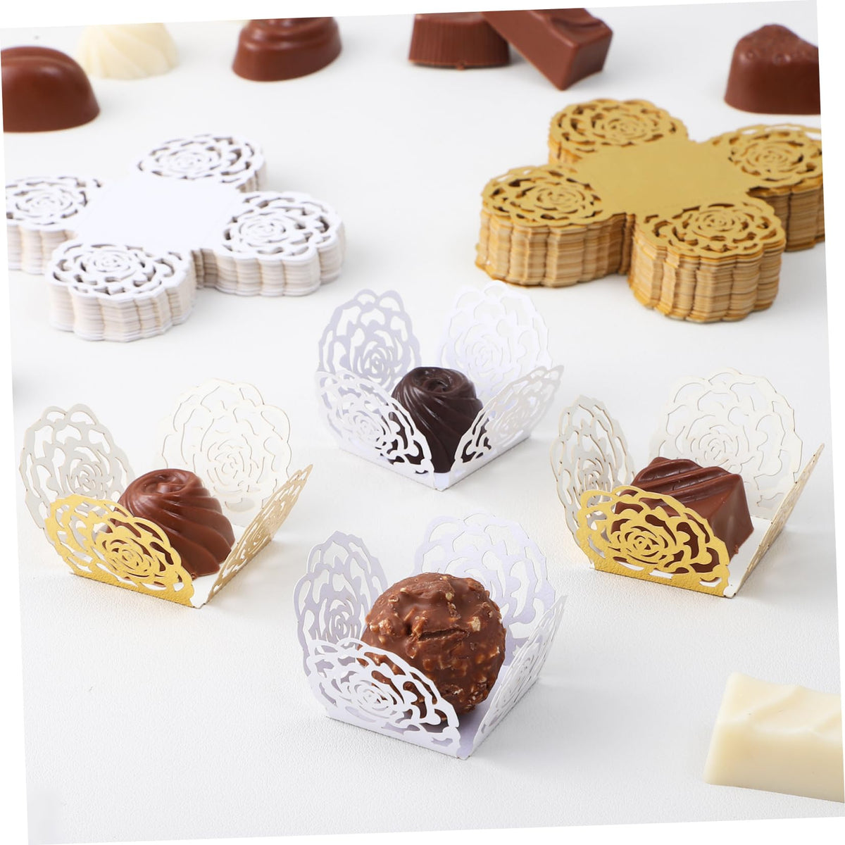 OHPHCALL 100pcs Hollow Rose Flower Truffle Cups Elegant Chocolate Wrappers for Weddings Parties Decorative Dessert Liners Food-grade Material