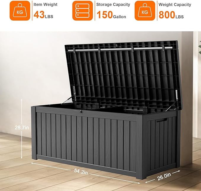 150 Gallon Resin Outdoor Deck Box Waterproof Patio Furniture, Garden Tools, Cushions, Pool Accessories Outside Storage (Black, 150 Gallon)