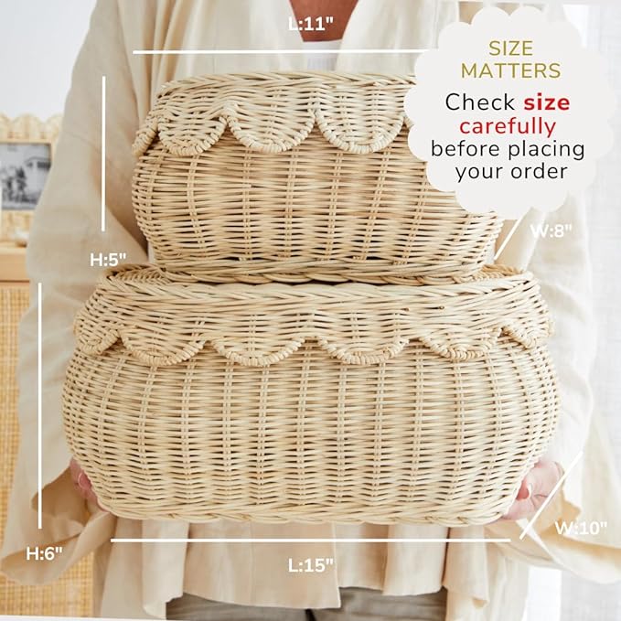 BEBE BASK The Original Scalloped Basket Set Of 2 – Small Scallop Basket - 15 x 10 x 6 In - Hand-Woven & Award-Winning - Elegant Wicker With Scalloped Edge Lid - Nursery Storage - (Natural)