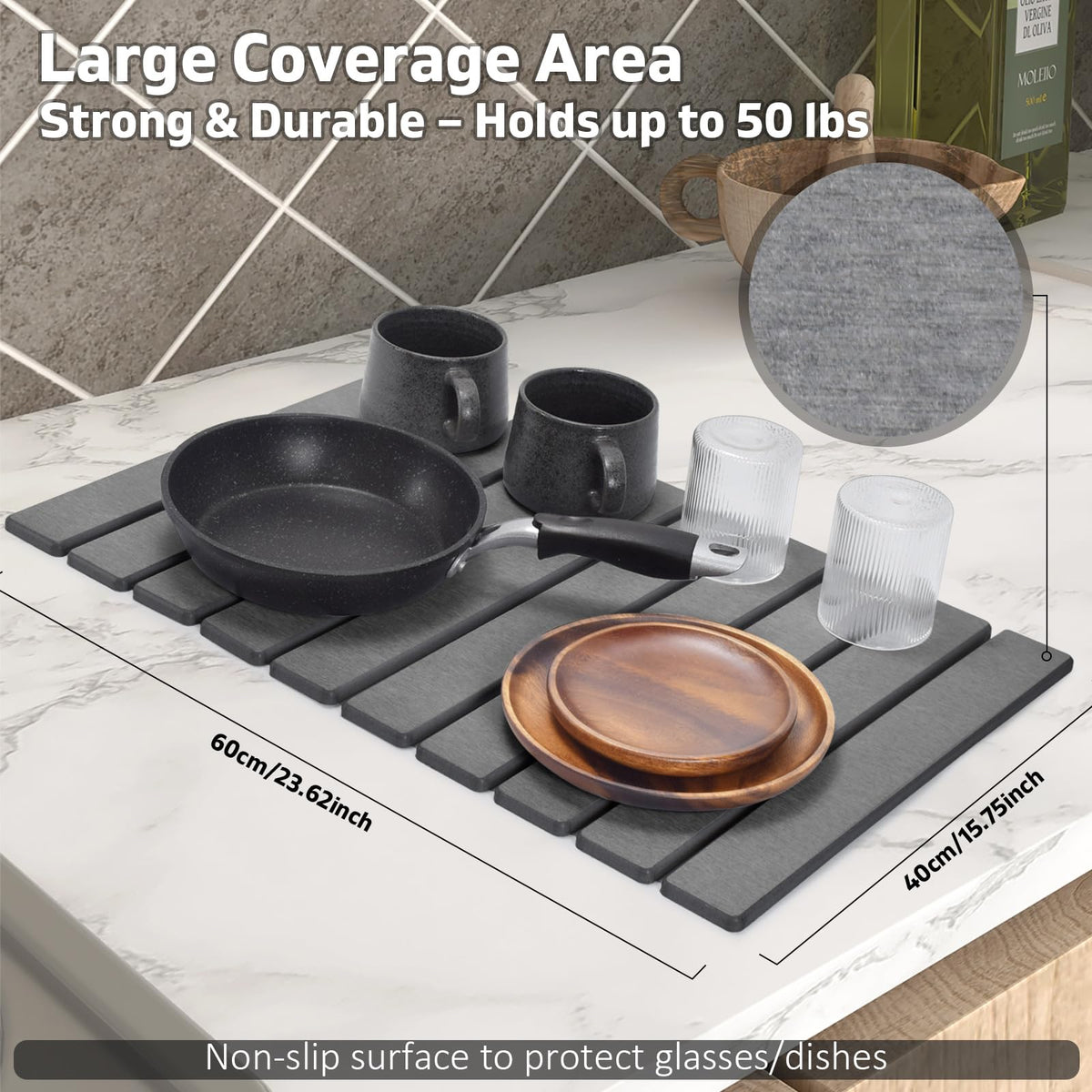 Large Stone Dish Drying Mat for Kitchen Counter – 24"(L)×16 "(W) Foldable Super Absorbent Diatomaceous Earth Stone Dish/Bath Mat, Kitchen Counter Mat for Plate Rack, Cup, Match Any Countertop - Gray