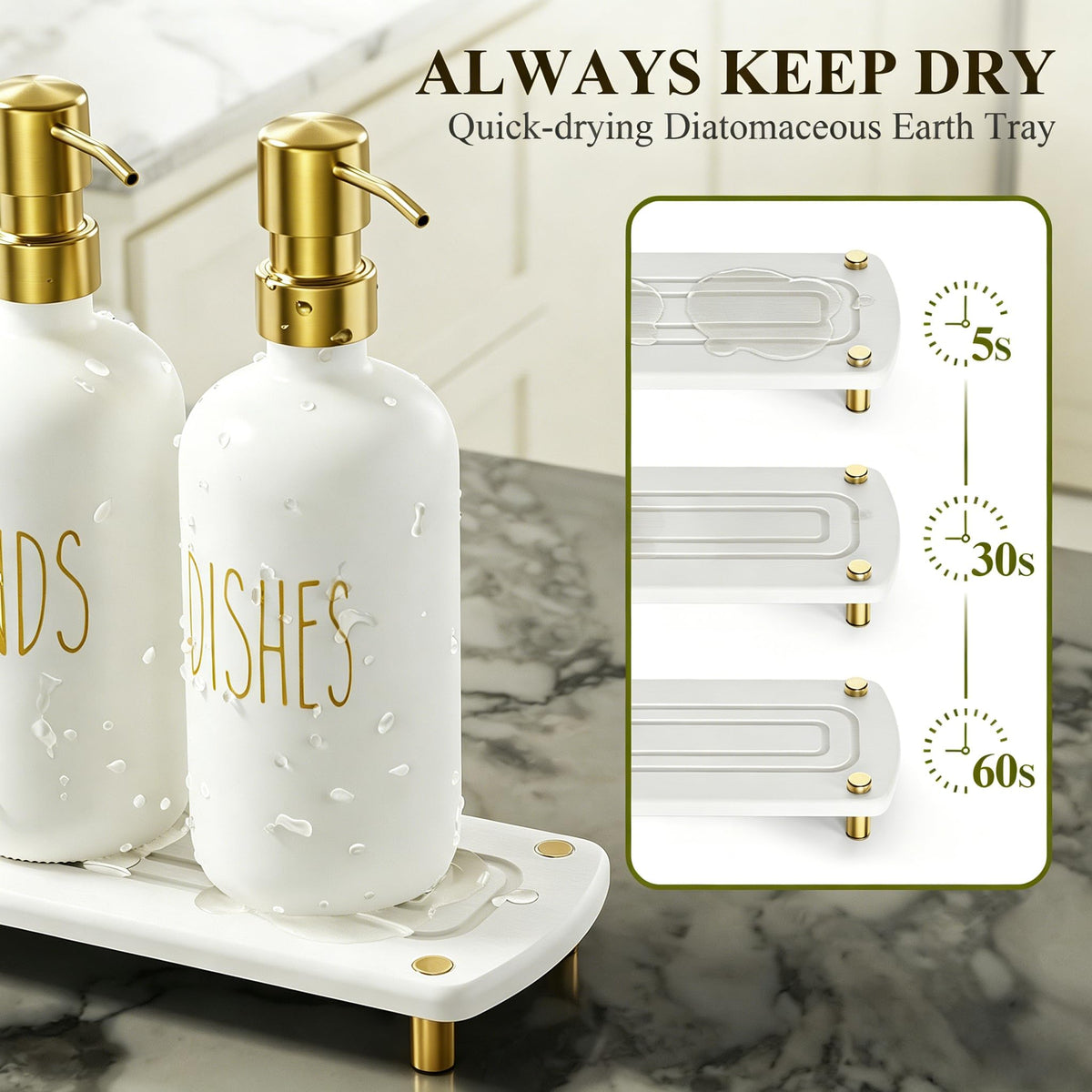 Cisily Kitchen Soap Dispenser Set Comes with Ceramics Sponge Holder, Gold Pumps, and Instant Dry Tray, Hand and Dish Soap Dispenser Set, Kitchen Decor and Accessories for Countertop Organizer