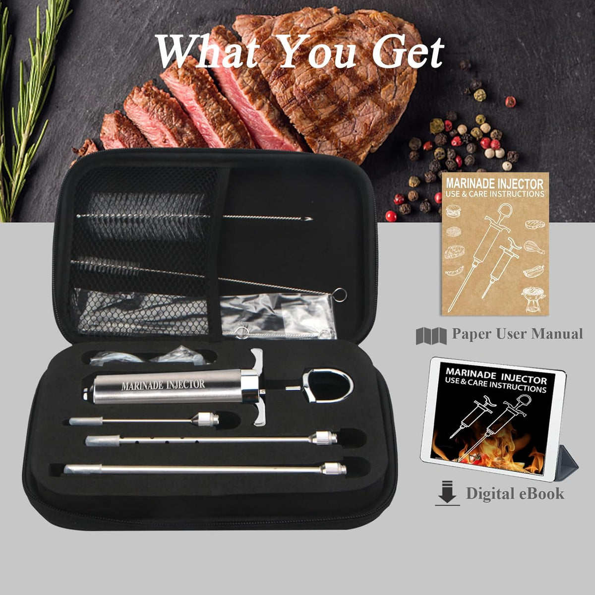 Meat Injector,Turkey Seasoning Injection Kit with 3 Professional Marinade Injector Needles for Grill Smoker BBQ Brisket; Include User Manual, E-Book - Storage Case