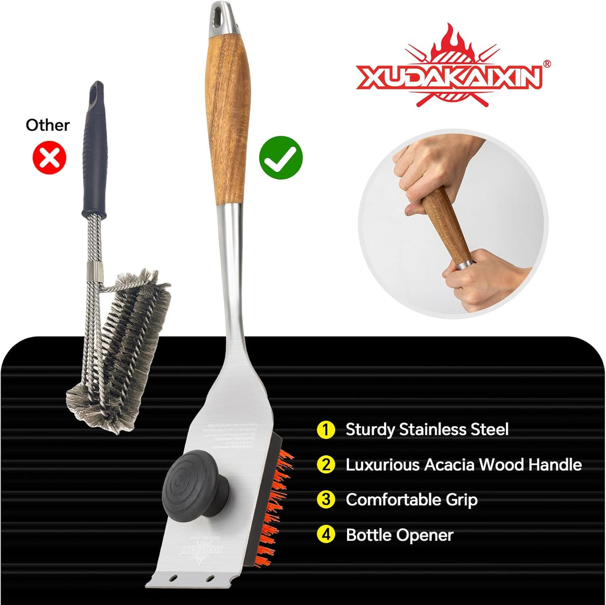 Grill Brush and Scraper, Dual Grip Design,Extra Strong BBQ Cleaner Accessories,Safe Nylon Bristles Barbecue Triple Scrubbers Cleaning Brush for Cast Iron Grates/Porcelain/Charcoal Grill