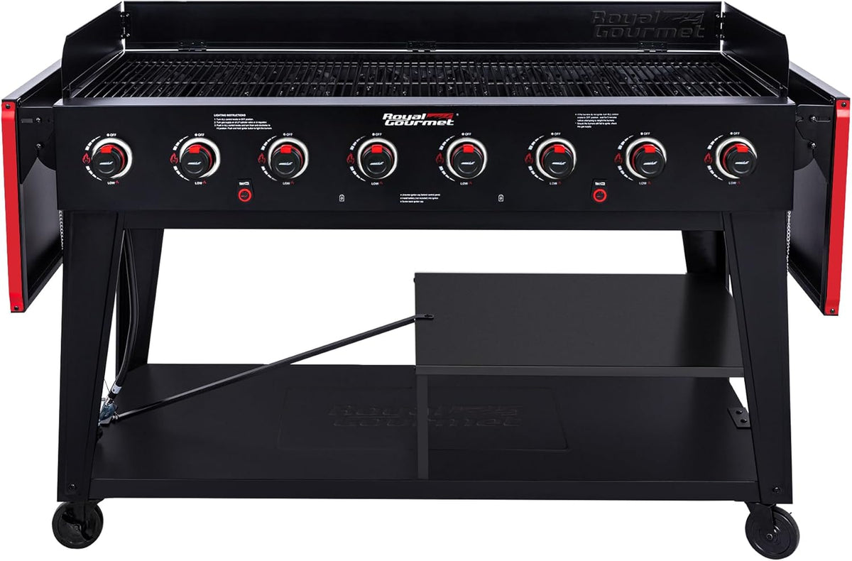 Royal Gourmet GB8003 8-Burner Propane Gas Grill with Foldable Side Tables, Large Propane BBQ Grill with Porcelain-Enameled Steel Wire Grates for Outdoor Party or Backyard Grilling, Black