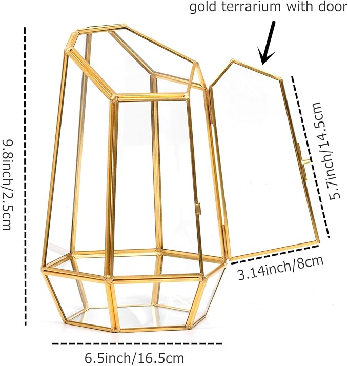 Golden Geometric Glass Terrarium with Door - 9.8" Tall Irregular Clear Planter for Succulents,Ferns,Moss,Cacti | Indoor Fairy Garden,Tabletop Display,Wedding Home Decoration (Plants Not Included)