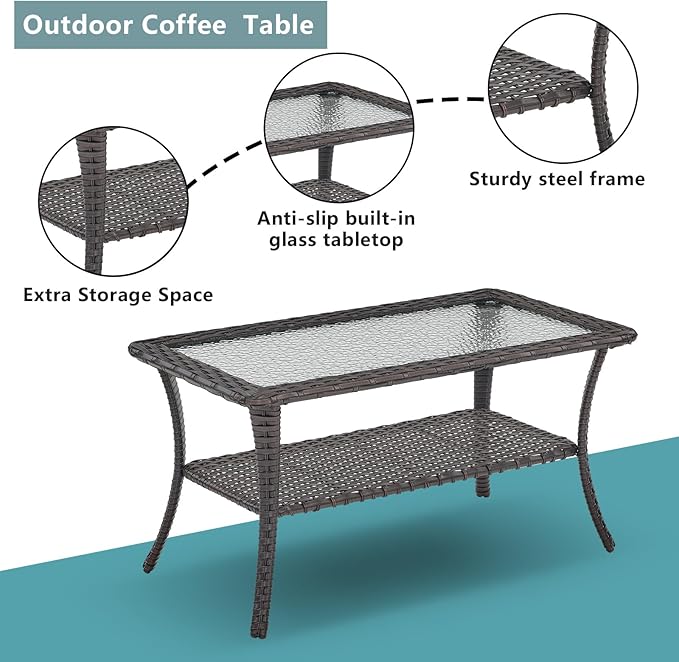 Patio Tables Outdoor Coffee Table - Wicker Rattan Coffee Tables with 2-Tier Storage Shelf Glass Top for Outside Proch Deck Balcony Garden Rectangle Brown