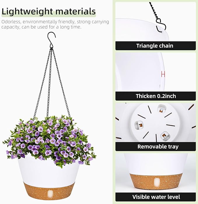 QCQHDU 2 Pack Hanging Planters for Indoor Outdoor Plants, 8 Inch Hanging Baskets Flower Pots with Reservoir Tray & Visible Water-Level
