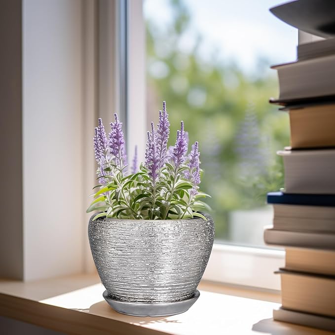 Ceramic Planter - 6 Inch Plant Pot Indoor with Drainage Hole and Saucer Outdoor Pot for Plants Round Decorative Planter Modern Mid-Century Flower Pot for Office Decor Silver